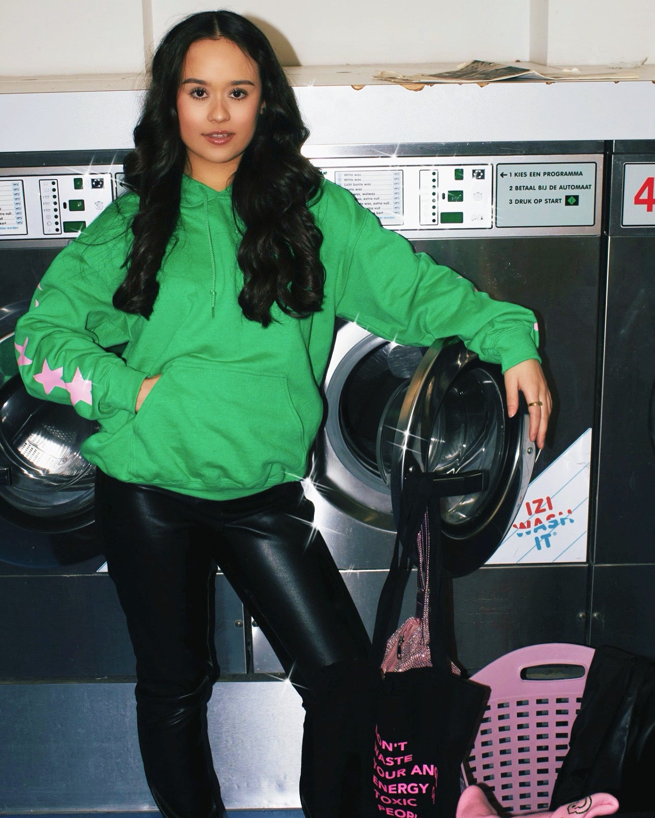 ''Pink Stars'' Green Hoodie