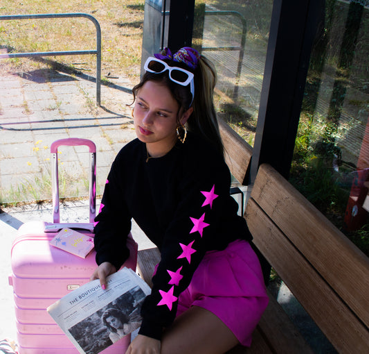 ''Pink Glitter Stars'' Black Sweater