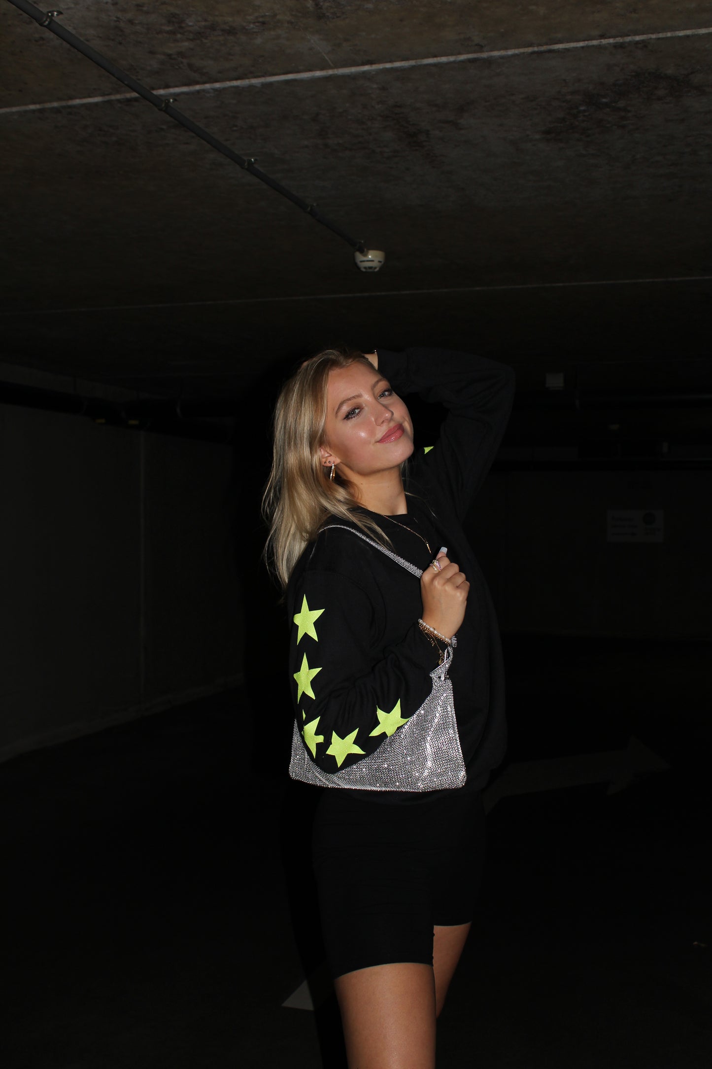 ''Yellow Glitter Stars'' Black Sweater