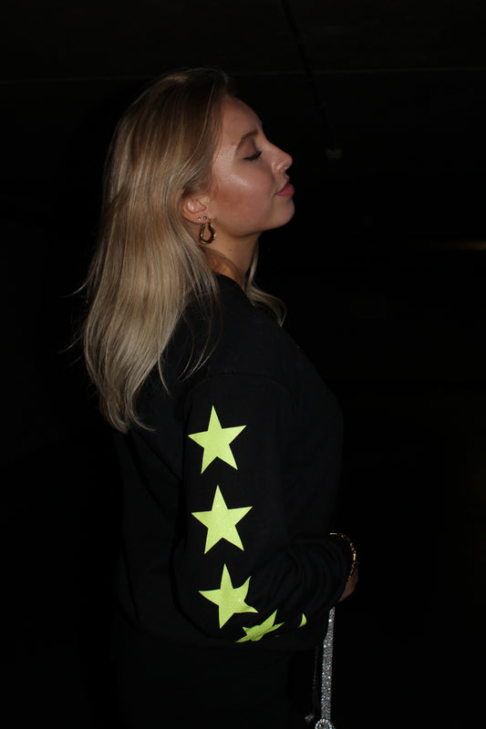 ''Yellow Glitter Stars'' Black Sweater